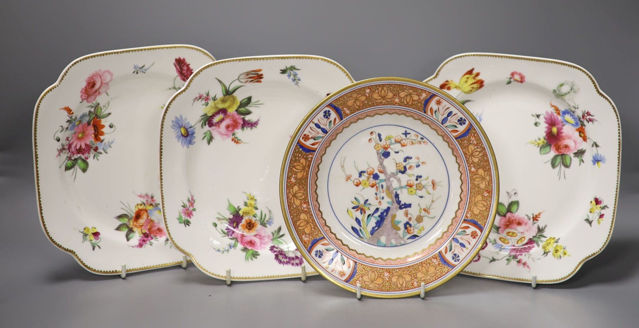 A set of three Spode square dishes each painted with three floral bouquets and three sprigs,